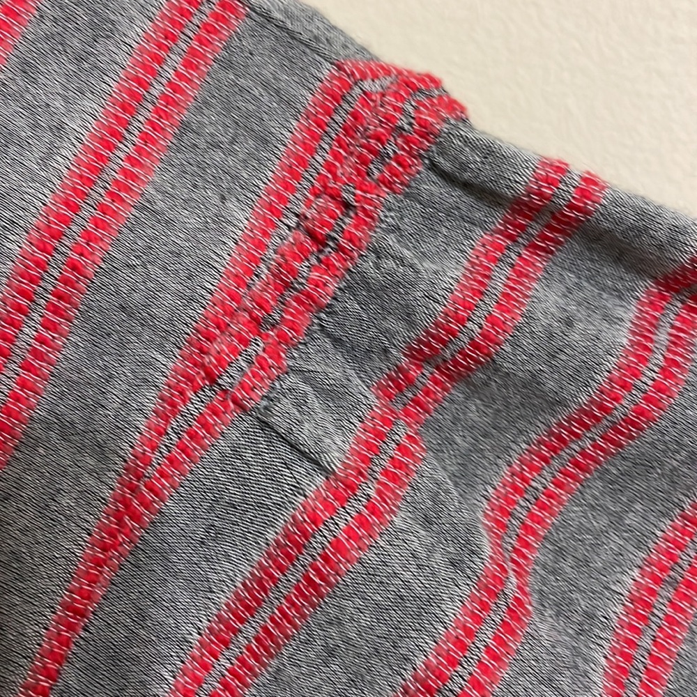 MADEWELL Gray and Red Striped Wrap Front Balloon Sleeve Peplum Hem Top - Picture 7 of 12